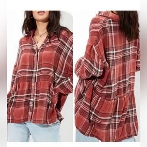 AMERICAN EAGLE flannel plaid peplum oversized tunic high low shirt